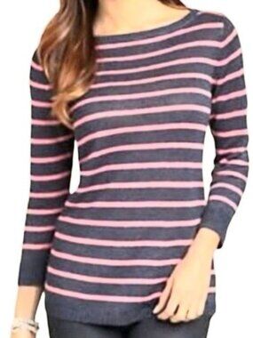 Talbots Women 100% Linen Sweater Medium Striped Blue/ Pink 3/4 Sleeves Boat Neck